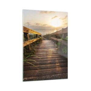 Obraz na szkle - Drewniana kładka prowadząca na plażę o zachodzie słońca - 50x70cm - I wprost nad brzeg - Nowoczesna dekoracja ścienna do salonu, kuchni i sypialni ARTTOR