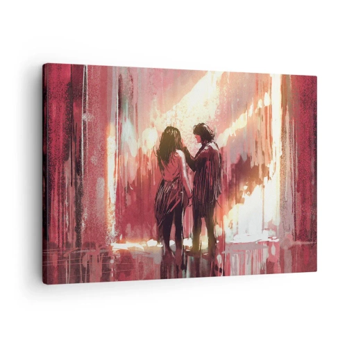Obraz na płótnie - Para stojąca w ciepłym świetle na tle abstrakcyjnych wzorów - 70x50cm - Odwieczny spektakl miłości - Nowoczesna dekoracja ścienna do salonu i sypialni ARTTOR