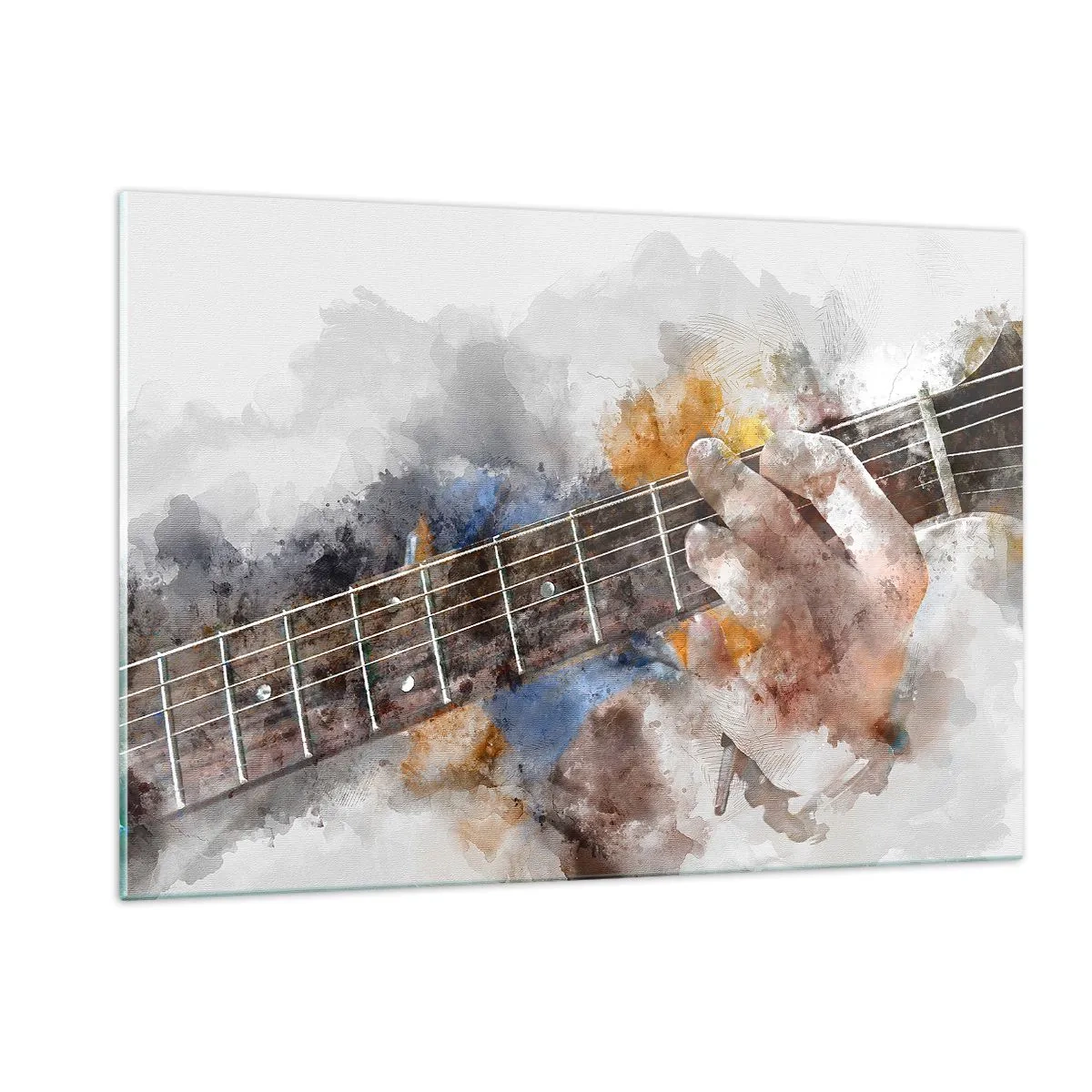 Obraz na szkle - Akwarelowy motyw dłoni grającej na gitarze - 120x80cm - Poezja między strunami - Nowoczesna dekoracja ścienna do salonu, kuchni i sypialni ARTTOR