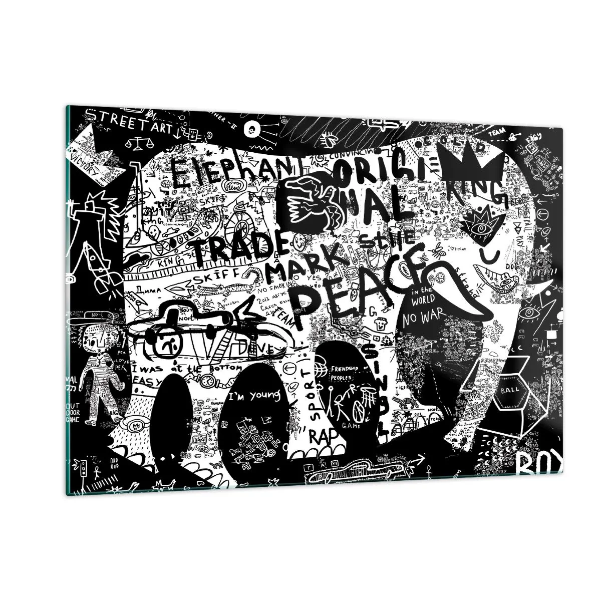 Obraz na szkle - Czarno-biały obraz graffiti z motywami pokoju i wolności - 120x80cm - Bogaty świat ulicy - Nowoczesna dekoracja ścienna do salonu, kuchni i sypialni ARTTOR