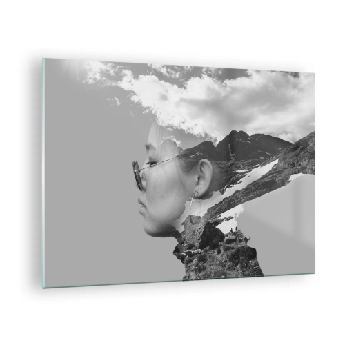 Obraz na szkle - A creative double exposure portrait with a mountain landscape and clouds - 70x50cm - Portret górny i chmurny - Nowoczesna dekoracja ścienna do salonu i sypialni ARTTOR