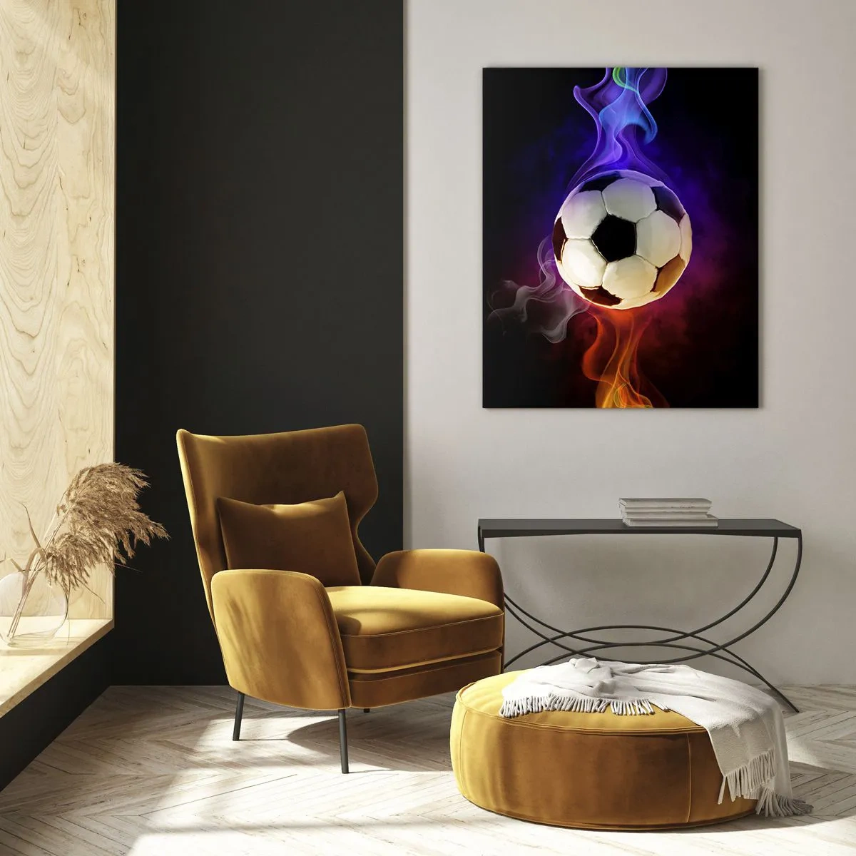 Obraz na szkle - Piłka nożna otoczona kolorowymi smugami - 50x70cm - Magiczna moc gry - Nowoczesna dekoracja ścienna do salonu, kuchni i sypialni ARTTOR