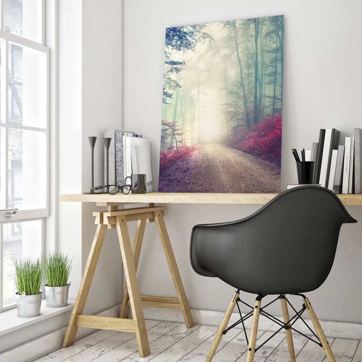 Obraz na szkle - Leśna droga w mgle z czerwonymi akcentami - 50x70cm - Jak dobrze wstać skoro świt - Nowoczesna dekoracja ścienna do salonu, kuchni i sypialni ARTTOR