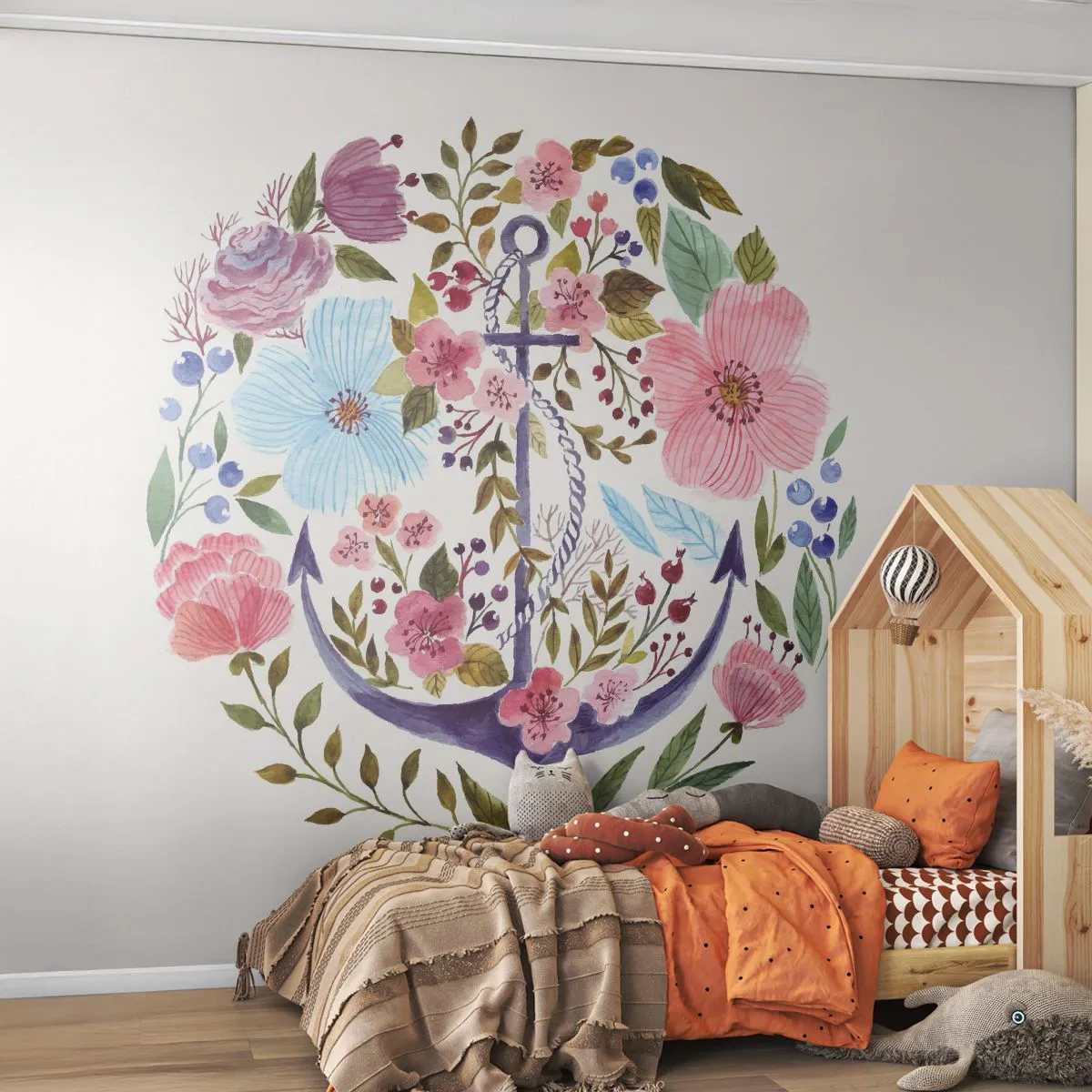 Fototapeta Premium Sand - Kotwica wśród kolorowych kwiatów - 100x70cm - Dobry sen żeglarza - Nowoczesna dekoracja ścienna do salonu, kuchni i sypialni ARTTOR