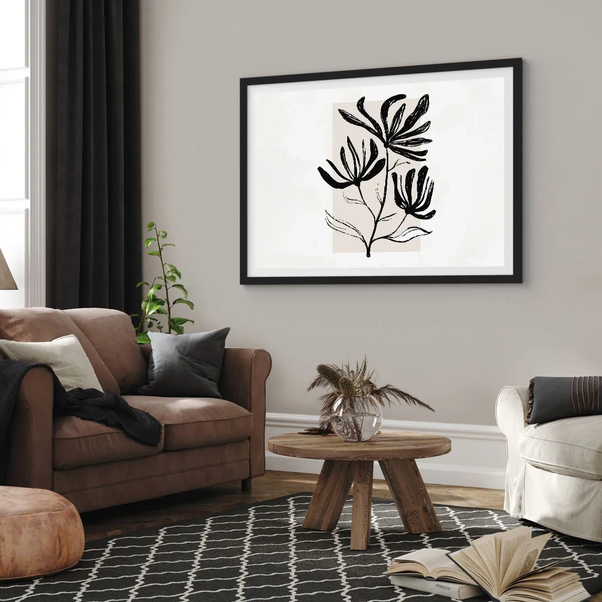 Plakat w czarnej ramie - Minimalistyczny czarno-biały motyw kwiatowy - 70x50cm - Szkic do zielnika - Nowoczesna dekoracja ścienna do salonu i sypialni ARTTOR