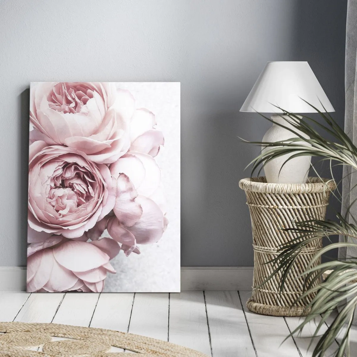 Obraz na płótnie - Różowe piwonie na jasnym tle - 50x70cm - Dla romantyków - Nowoczesna dekoracja ścienna do salonu, kuchni i sypialni ARTTOR