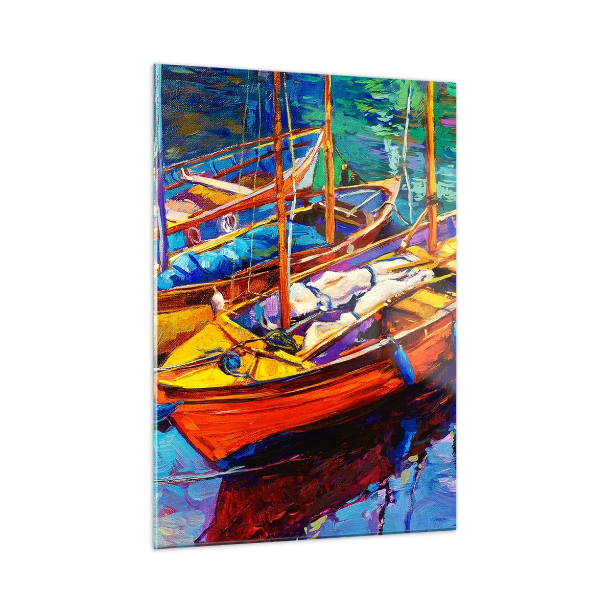 Obraz na szkle - Kolorowe łodzie na spokojnej wodzie - 50x70cm - Na wodzie gęstej od barw - Nowoczesna dekoracja ścienna do salonu, kuchni i sypialni ARTTOR