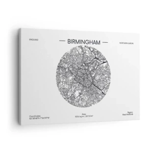 Obraz na płótnie - Minimalistyczna mapa Birmingham w czarno-białej kolorystyce z precyzyjnymi detalami - 70x50cm - Anatomia Birmingham - Nowoczesna dekoracja ścienna do salonu i sypialni ARTTOR