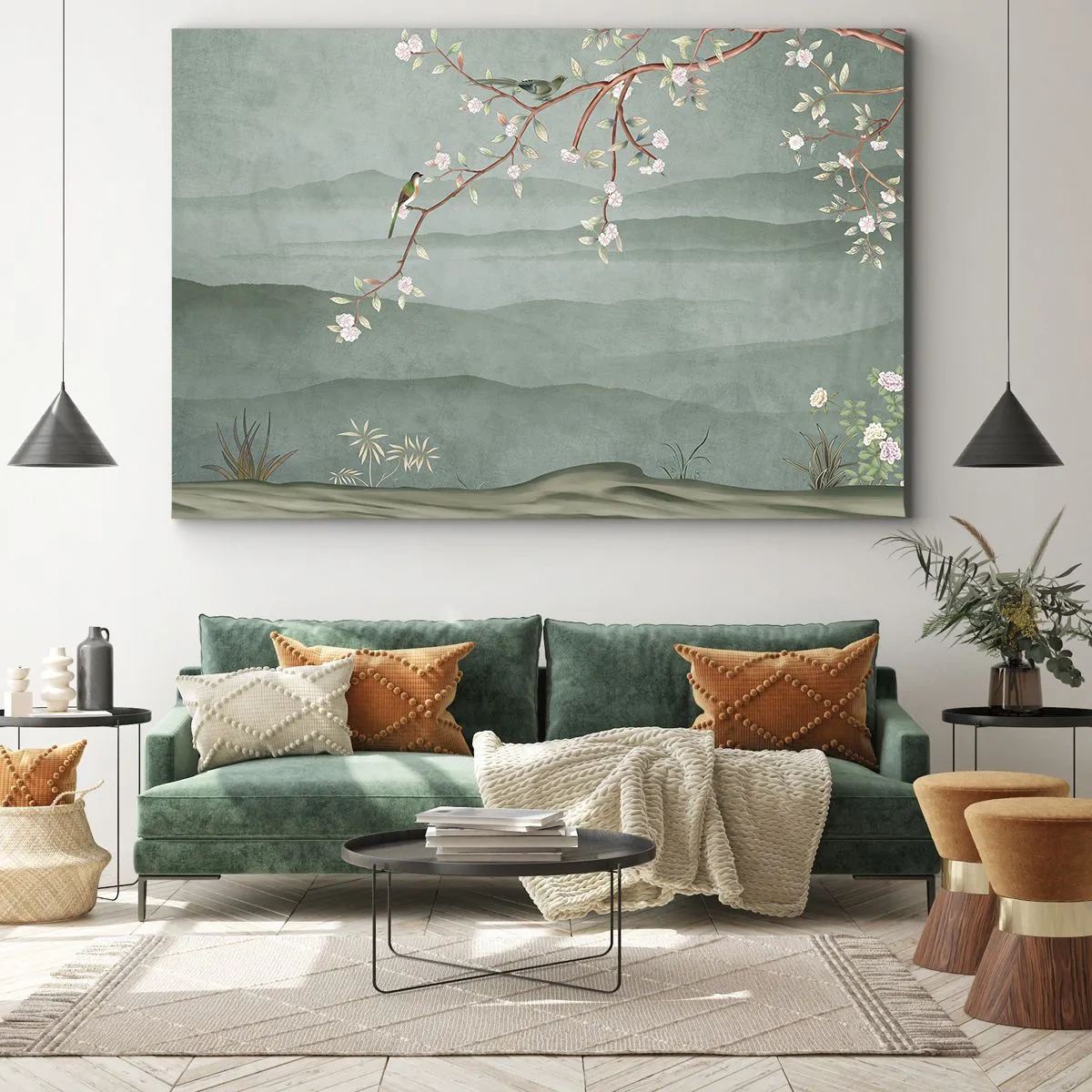 Obraz na płótnie - Malowniczy obraz gałęzi kwitnącego drzewa z ptakami na tle zielonych wzgórz - 70x50cm - Wiosna, ach, to ty - Nowoczesna dekoracja ścienna do salonu i sypialni ARTTOR