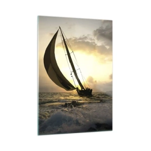 Obraz na szkle - Żaglówki na wzburzonym morzu podczas zachodu słońca - 50x70cm - Z wiatrem i pod wiatr - Nowoczesna dekoracja ścienna do salonu, kuchni i sypialni ARTTOR