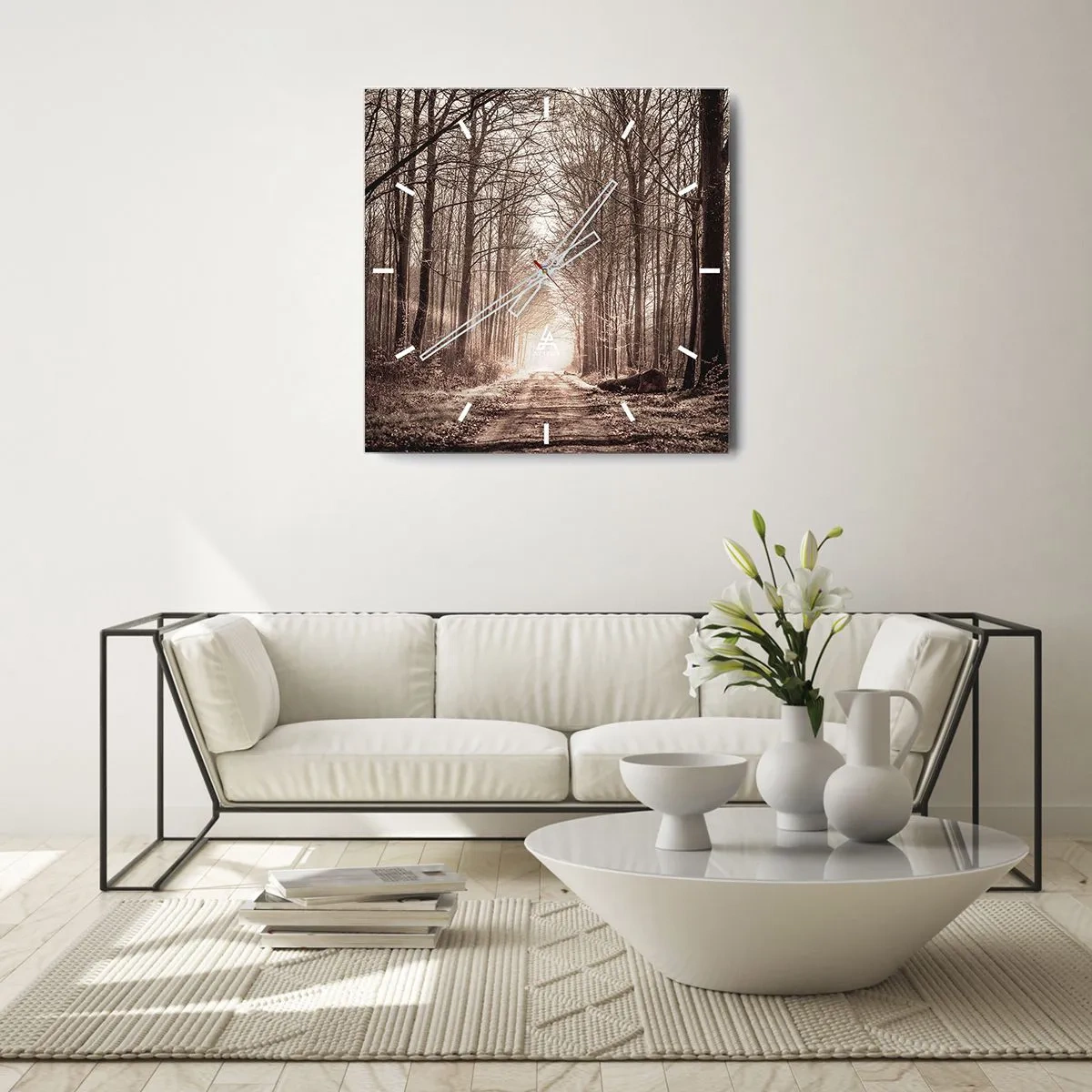 Zegar ścienny - Leśna ścieżka wśród drzew w odcieniach sepii - 30x30cm - Leśna katedra - Nowoczesna dekoracja ścienna do salonu i sypialni ARTTOR