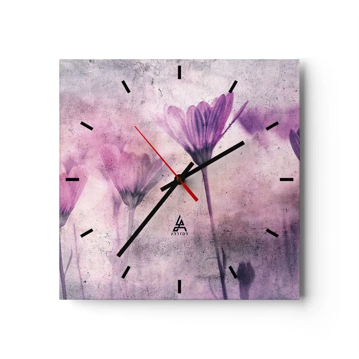 Zegar ścienny - Delikatne kwiaty w odcieniach fioletu na jasnym tle - 30x30cm - Sen kwiatów - Nowoczesna dekoracja ścienna do salonu i sypialni ARTTOR