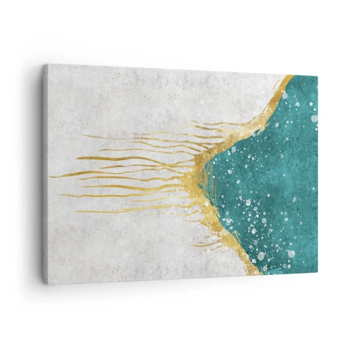 Obraz na płótnie - Abstrakcyjna kompozycja w odcieniach złota i turkusu - 70x50cm - Złoty przypływ - Nowoczesna dekoracja ścienna do salonu i sypialni ARTTOR