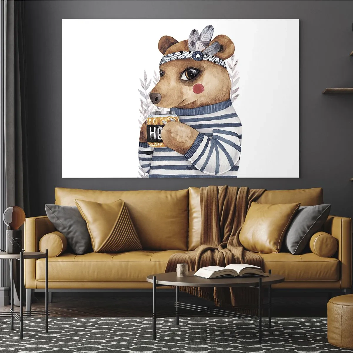 Obraz na szkle - Miś w paski z kubkiem miodu i piórami - 70x50cm - Słodka Misia - Nowoczesna dekoracja ścienna do salonu i sypialni ARTTOR