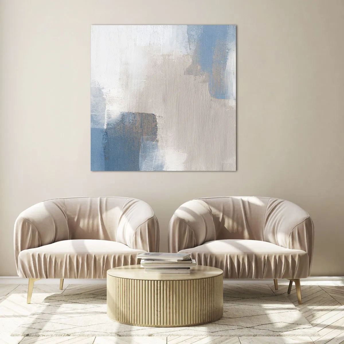 Obraz na szkle - Abstrakcja różowa za zasłoną błękitu - 50x50 cm