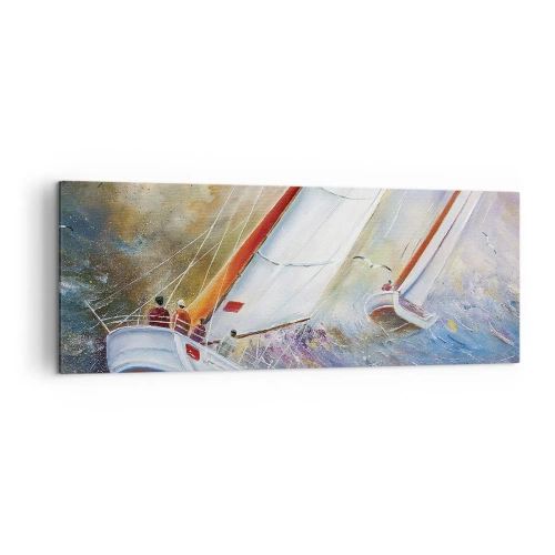 Obraz na płótnie - Żaglówki na wzburzonych falach w dynamicznej kompozycji - 140x50cm - Biegnące po falach - Nowoczesna dekoracja ścienna do salonu i sypialni ARTTOR