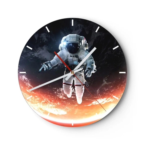 Zegar ścienny - Astronauta unoszący się w kosmosie z widokiem na Ziemię - 30x30cm - Mogę zostać jeszcze chwilę? - Nowoczesna dekoracja ścienna do salonu, kuchni i sypialni ARTTOR