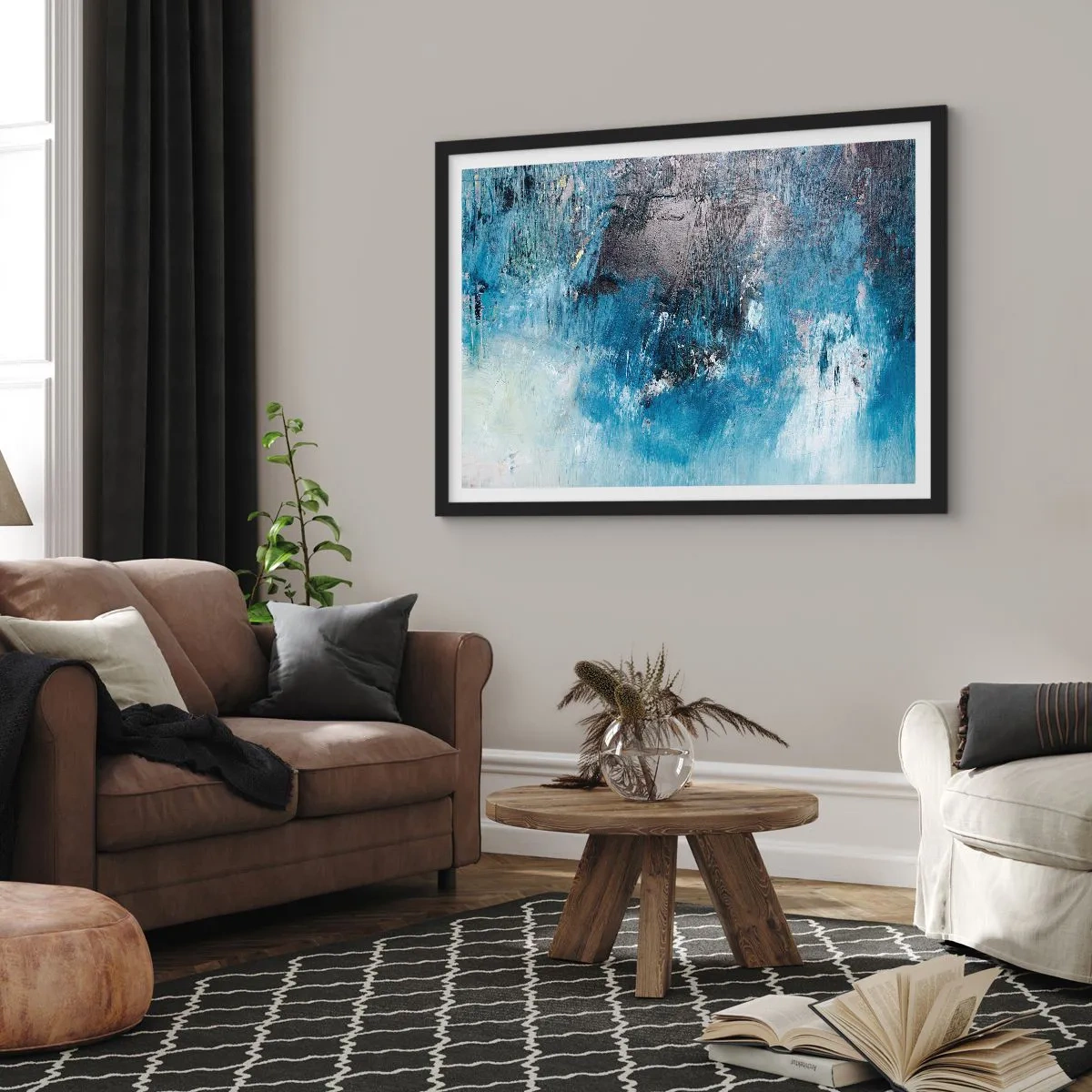 Plakat w czarnej ramie - Abstrakcyjne pociągnięcia pędzla w odcieniach niebieskiego - 100x70cm - Błękitna rapsodia - Nowoczesna dekoracja ścienna do salonu i sypialni ARTTOR