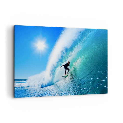Obraz na płótnie - Surfer na desce pływający wewnątrz potężnej fali pod błękitnym niebem - 120x80cm - Przez wielki błękit - Nowoczesna dekoracja ścienna do salonu, kuchni i sypialni ARTTOR