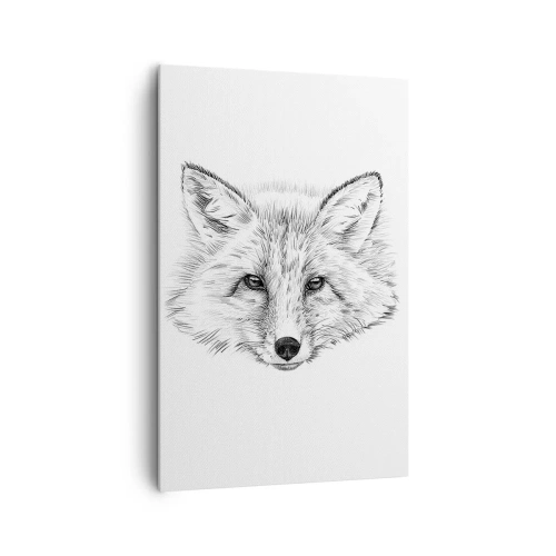 Obraz na płótnie - Czarno-biały rysunek głowy lisa na białym tle - 80x120cm - Czy te oczy mogą kłamać? - Nowoczesna dekoracja ścienna do salonu i sypialni ARTTOR