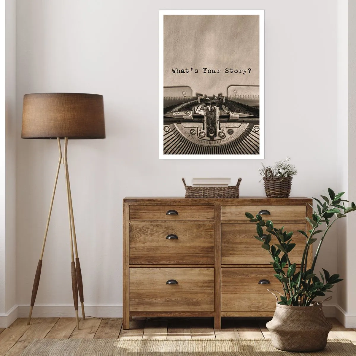 Plakat - Stara maszyna do pisania z napisem What’s Your Story - 50x70cm - Opowiedz mi - Nowoczesna dekoracja ścienna do salonu, kuchni i sypialni ARTTOR