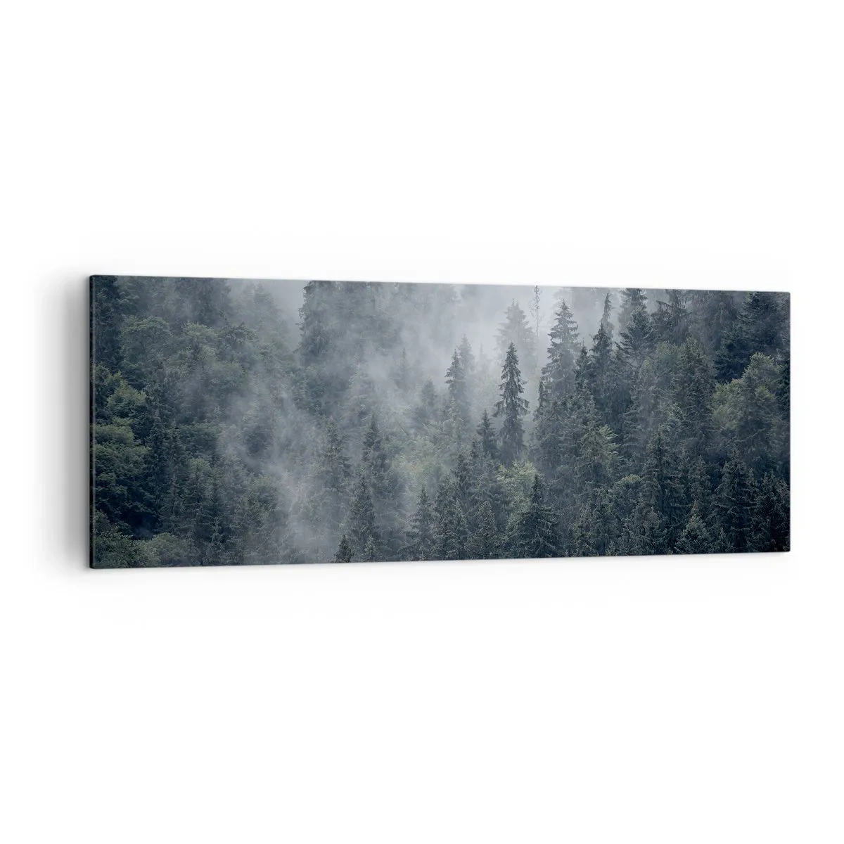 Obraz na płótnie - Mglisty las iglasty w tonacji szarości i zieleni - 140x50cm - Leśny świt - Nowoczesna dekoracja ścienna do salonu i sypialni ARTTOR