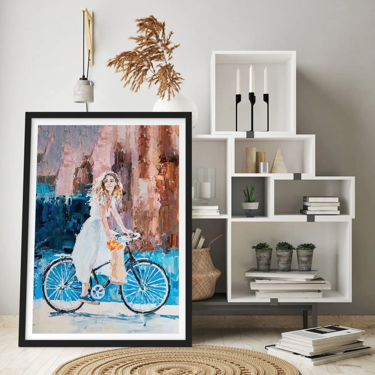 Plakat w czarnej ramie - Impresjonistyczna scena z rowerzystką - 50x70cm - Radość o poranku - Nowoczesna dekoracja ścienna do salonu i sypialni ARTTOR