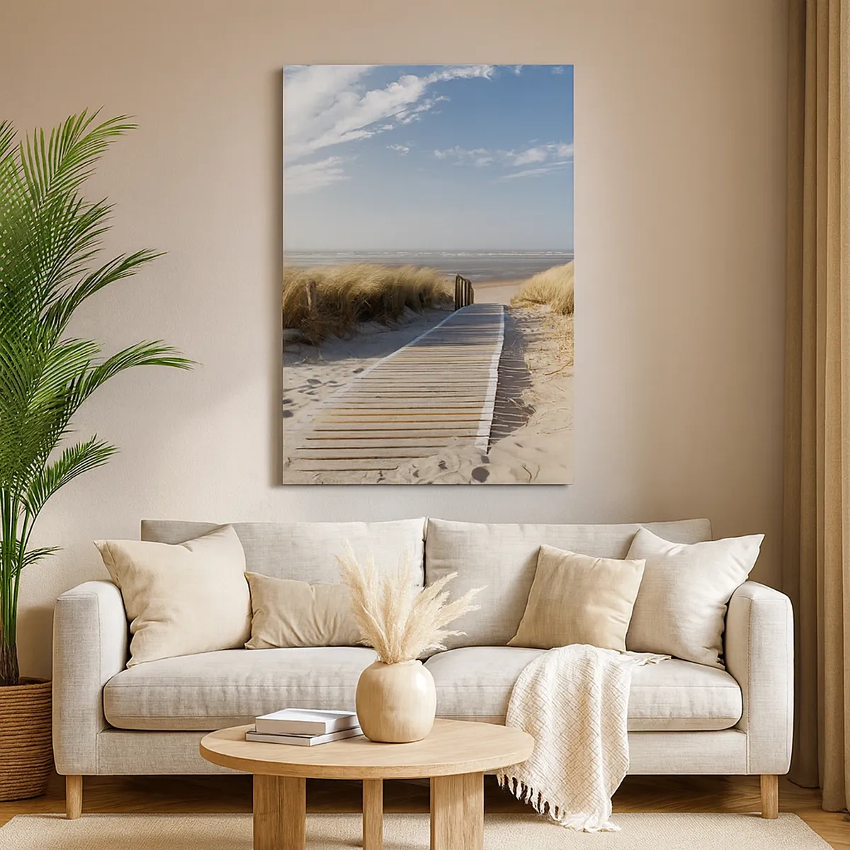 Obraz na płótnie - Drewniana ścieżka prowadząca na plażę - 50x70cm - Za wydmą, w szumie traw - Nowoczesna dekoracja ścienna do salonu, kuchni i sypialni ARTTOR