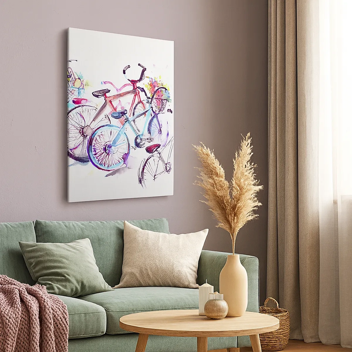 Obraz na płótnie - Kolorowa akwarela przedstawiająca rowery z koszykami pełnymi kwiatów - 50x70cm - Zjazd klubu Antymoto - Nowoczesna dekoracja ścienna do salonu, kuchni i sypialni ARTTOR