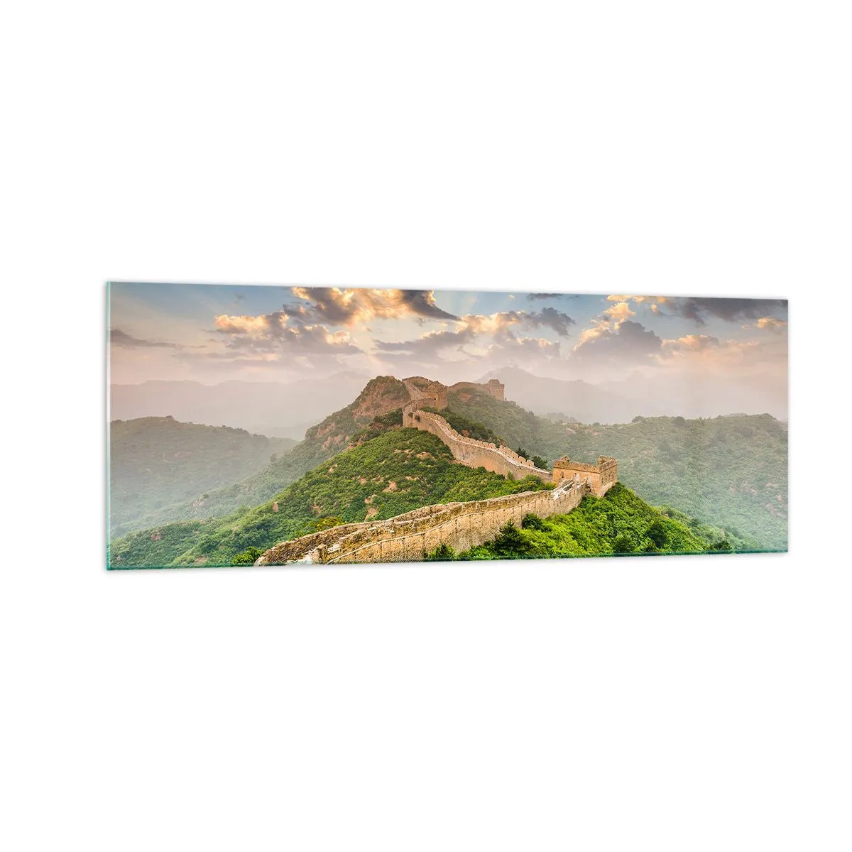 Obraz na szkle - Wielki Mur Chiński oświetlony promieniami słońca w malowniczym krajobrazie - 140x50cm - Nieprzemijająca wielkość - Nowoczesna dekoracja ścienna do salonu i sypialni ARTTOR
