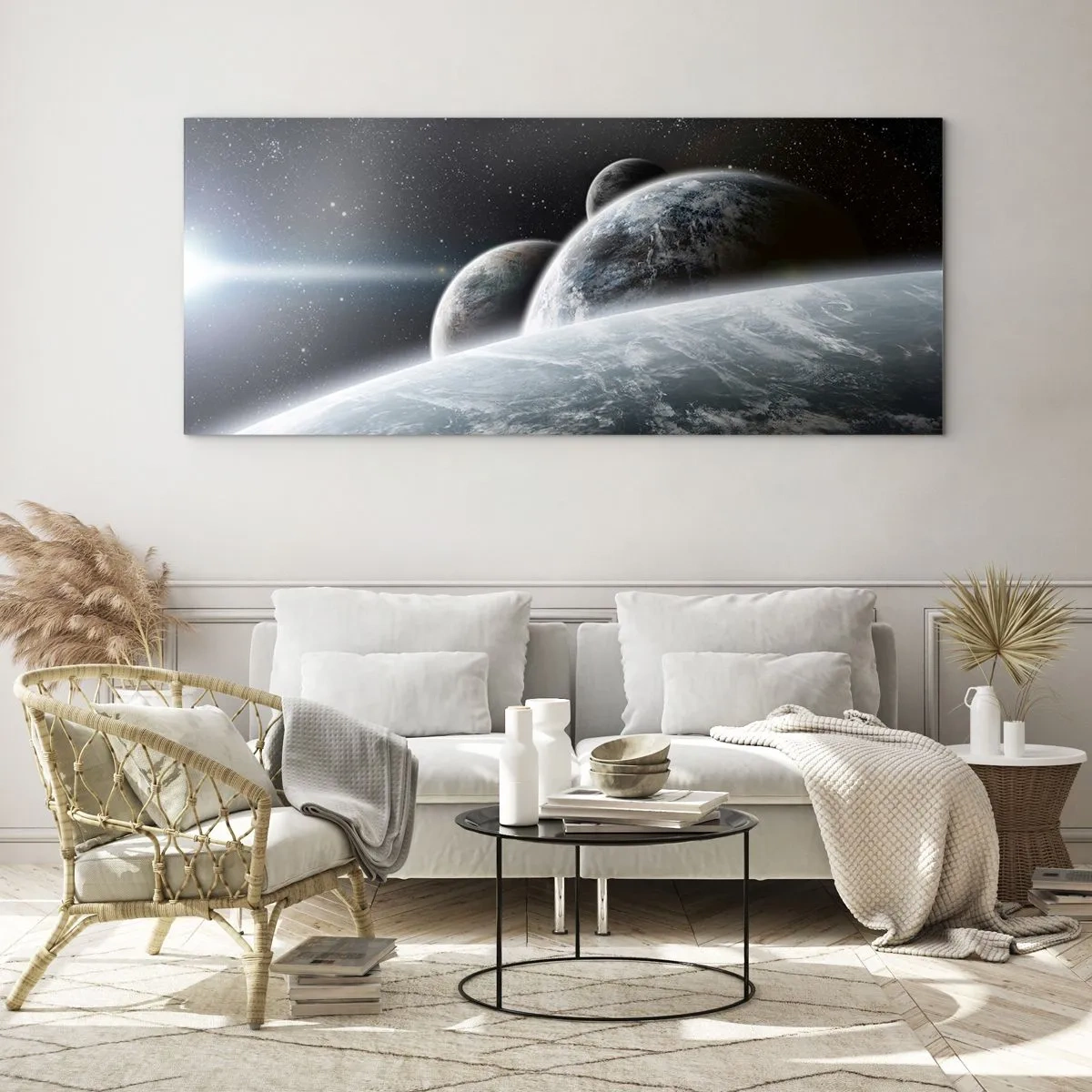 Obraz na szkle - Planety w kosmosie na tle gwiazd i galaktyk - 160x50cm - Kosmiczna muzyka sfer - Nowoczesna dekoracja ścienna do salonu i sypialni ARTTOR