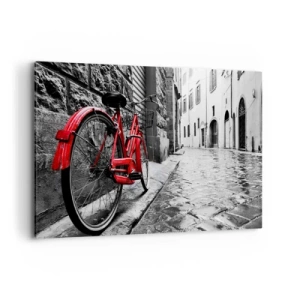 Obraz na płótnie - Czerwony rower w czarno-białej uliczce - 120x80cm - Prawdziwe piękno się nie starzeje - Nowoczesna dekoracja ścienna do salonu, kuchni i sypialni ARTTOR