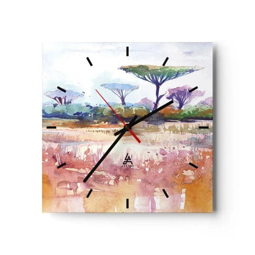 Zegar ścienny - Malowniczy krajobraz sawanny w akwarelowych barwach - 30x30cm - Kolory sawanny - Nowoczesna dekoracja ścienna do salonu i sypialni ARTTOR