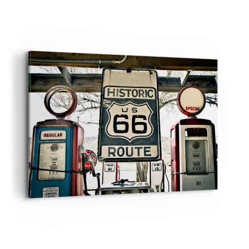 Obraz na płótnie - Historyczna stacja benzynowa z symbolem Route 66 - 100x70cm - Amerykańska retro podróż - Nowoczesna dekoracja ścienna do salonu, kuchni i sypialni ARTTOR