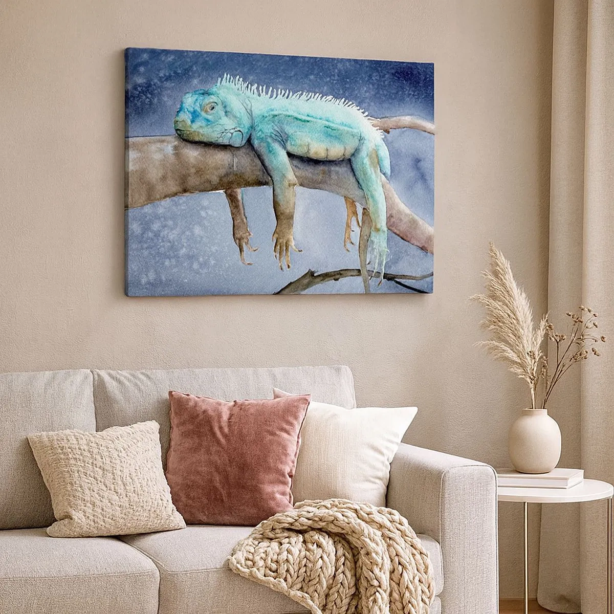 Obraz na płótnie - Błękitna iguana odpoczywająca na gałęzi - 70x50cm - Jest dobrze! - Nowoczesna dekoracja ścienna do salonu i sypialni ARTTOR