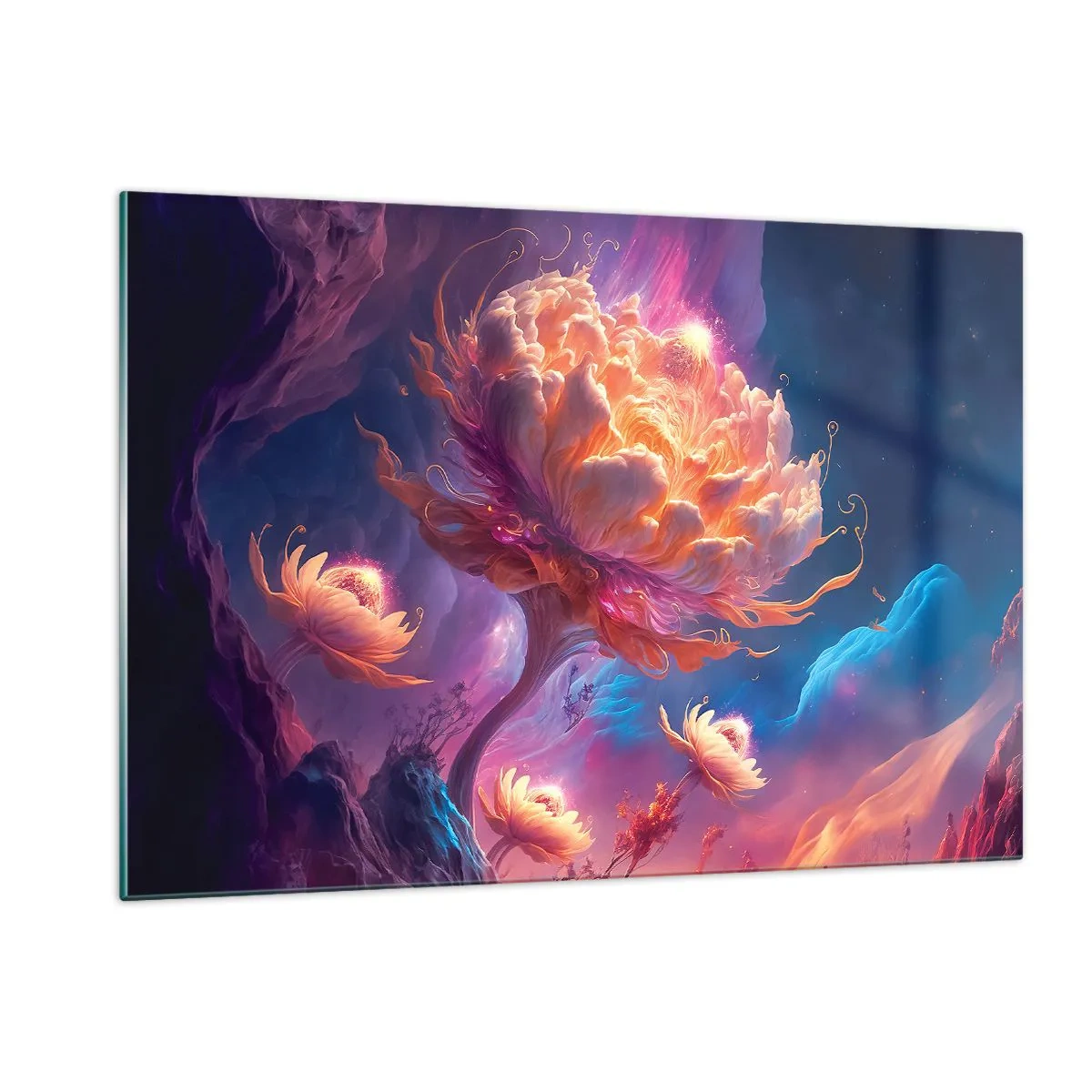 Obraz na szkle - Fantastyczny kwiat unoszący się w kosmicznej scenerii - 120x80cm - Inny świat - Nowoczesna dekoracja ścienna do salonu, kuchni i sypialni ARTTOR