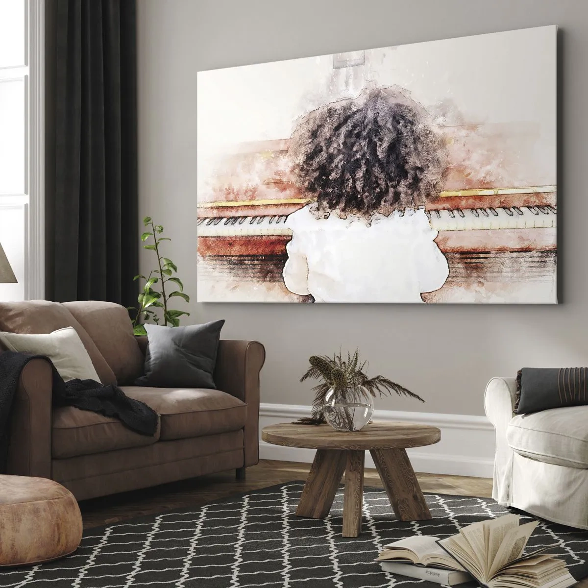 Obraz na płótnie - Dziewczynka z bujnymi włosami przy fortepianie - 70x50cm - W nowym świecie - Nowoczesna dekoracja ścienna do salonu i sypialni ARTTOR