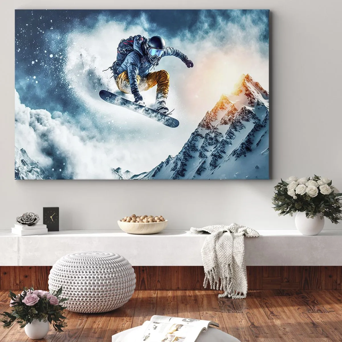 Obraz na płótnie - Snowboardzista w locie nad ośnieżonymi górami - 100x70cm - Ekstremalne emocje - Nowoczesna dekoracja ścienna do salonu, kuchni i sypialni ARTTOR
