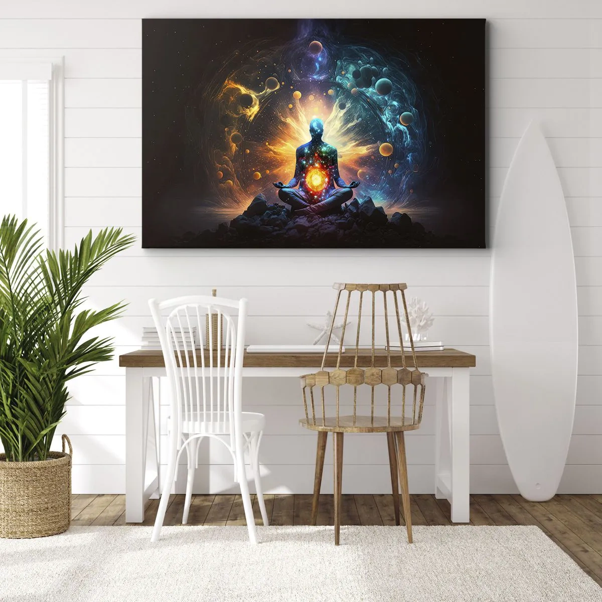 Obraz na płótnie - Postać w medytacji otoczona kosmiczną aurą - 70x50cm - Kosmiczny spokój - Nowoczesna dekoracja ścienna do salonu i sypialni ARTTOR