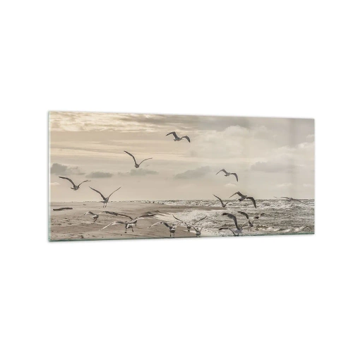 Obraz na szkle - Mewa w locie nad nadmorskim krajobrazem - 120x50cm - Morza szum, ptaków śpiew - Nowoczesna dekoracja ścienna do salonu i sypialni ARTTOR