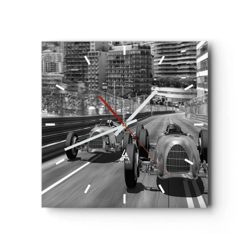 Zegar ścienny - Monochromatyczna scena wyścigu retro samochodów - 30x30cm - Dawno temu w Monte Carlo - Nowoczesna dekoracja ścienna do salonu i sypialni ARTTOR