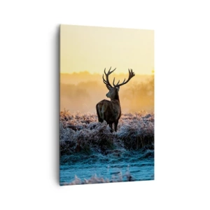 Obraz na płótnie - Jeleń na mroźnej polanie o wschodzie słońca - 80x120cm - Koronowany na swoich włościach - Nowoczesna dekoracja ścienna do salonu i sypialni ARTTOR