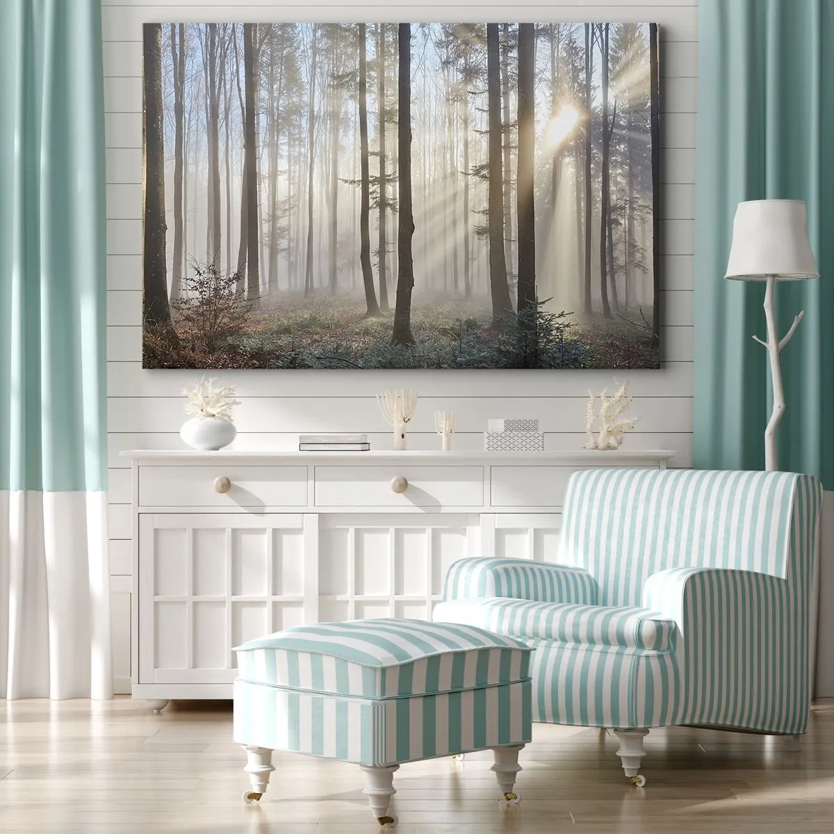 Obraz na płótnie - Las w delikatnej mgle z promieniami słońca przebijającymi się przez drzewa - 70x50cm - Mgła też się zbudziła - Nowoczesna dekoracja ścienna do salonu i sypialni ARTTOR