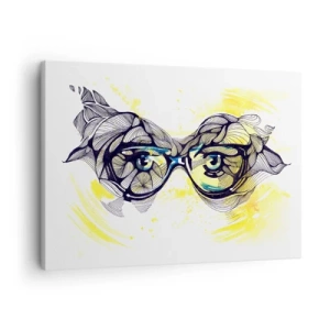 Obraz na płótnie - Artystyczna grafika okularów z wyrazistymi oczami - 70x50cm - Przez błękitne okulary - Nowoczesna dekoracja ścienna do salonu i sypialni ARTTOR