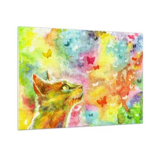Obraz na szkle - Kot obserwujący kolorowe motyle w pastelowym tle - 100x70cm - Baju-baju w kocim raju - Nowoczesna dekoracja ścienna do salonu, kuchni i sypialni ARTTOR