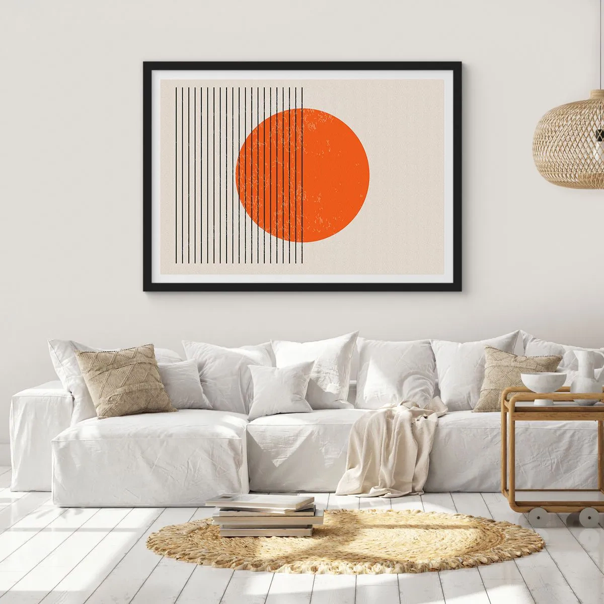 Plakat w czarnej ramie - Minimalistyczne słońce z geometrycznymi liniami - 70x50cm - Zawsze słońce - Nowoczesna dekoracja ścienna do salonu i sypialni ARTTOR