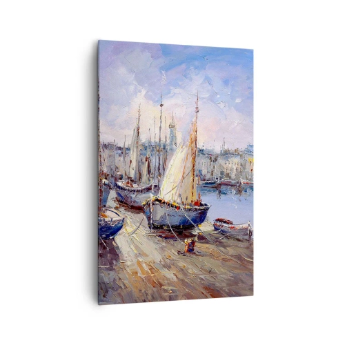Obraz na płótnie - Impresjonistyczny obraz portu z żaglówkami na tle błękitnego nieba - 80x120cm - Miasto nad zatoką - Nowoczesna dekoracja ścienna do salonu i sypialni ARTTOR