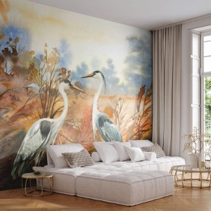 Fototapeta Premium Sand - Dwa czaple w jesiennej scenerii namalowanej akwarelą - 100x70cm - Dokąd jesienią? - Nowoczesna dekoracja ścienna do salonu, kuchni i sypialni ARTTOR