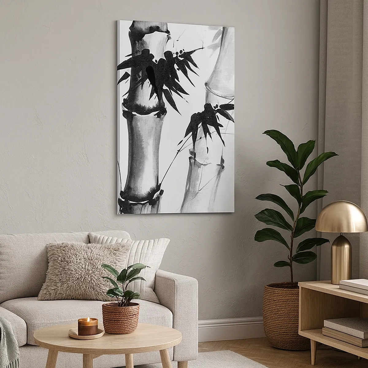 Obraz na płótnie - Bambus w stylu chińskiej akwareli w odcieniach czerni i bieli - 50x70cm - Zbliżenie na orient - Nowoczesna dekoracja ścienna do salonu, kuchni i sypialni ARTTOR