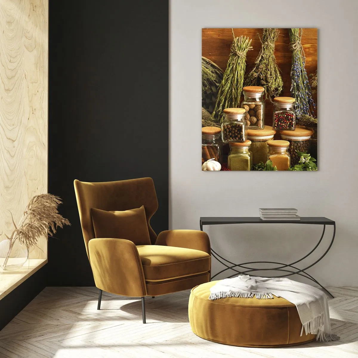 Obraz na szkle - Zioła i przyprawy w słoikach na rustykalnym tle - 80x120cm - Kuchenne czary - Nowoczesna dekoracja ścienna do salonu i sypialni ARTTOR